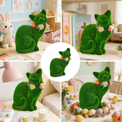 Green Flocked Cat Figurine with Floral Wreath