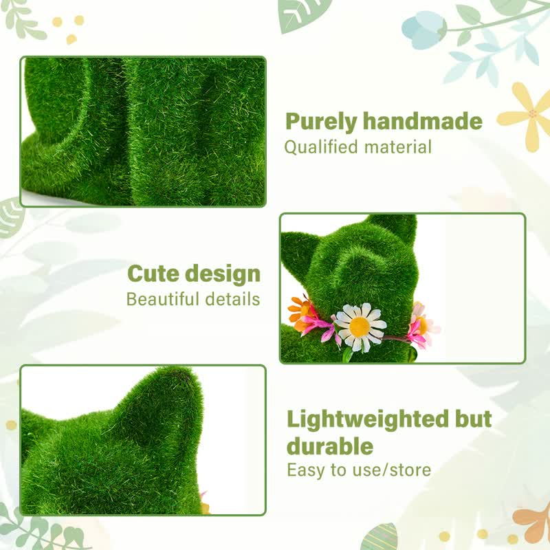Green Flocked Cat Figurine with Floral Wreath