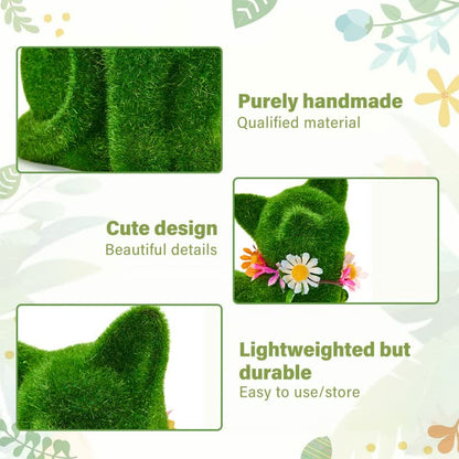Green Flocked Cat Figurine with Floral Wreath