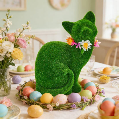 Green Flocked Cat Figurine with Floral Wreath