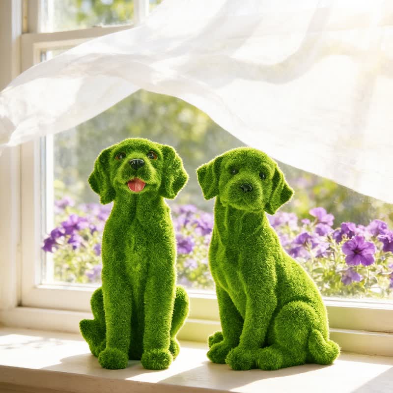 Green Flocked Dog Garden Figurine