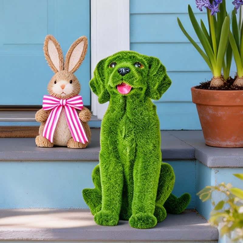 Green Flocked Dog Garden Figurine