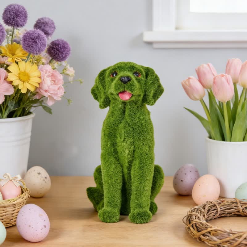 Green Flocked Dog Garden Figurine