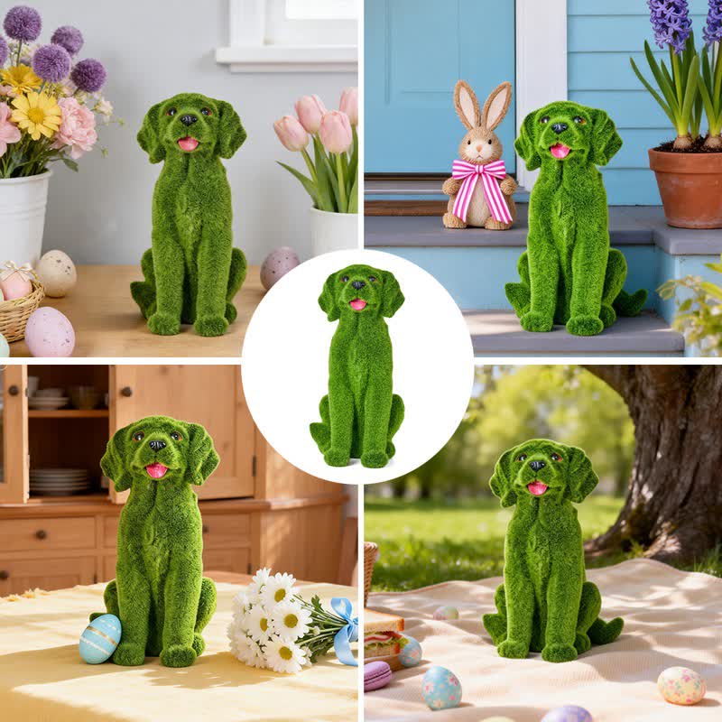 Green Flocked Dog Garden Figurine