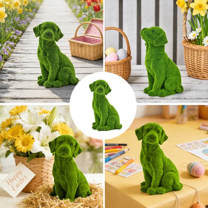 Green Flocked Dog Garden Figurine