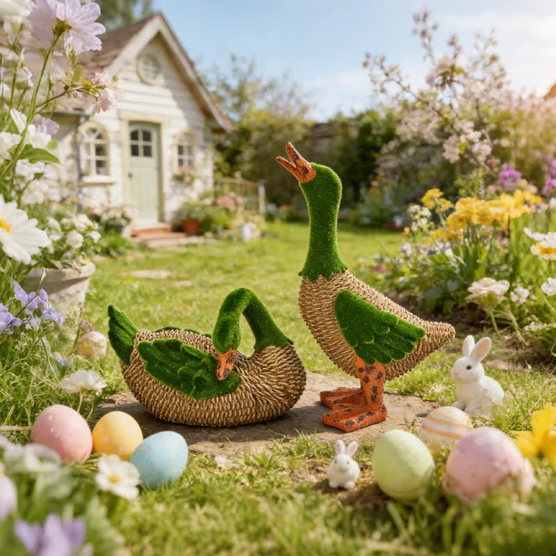 Faux Rattan Flocked Duck Garden Figurine