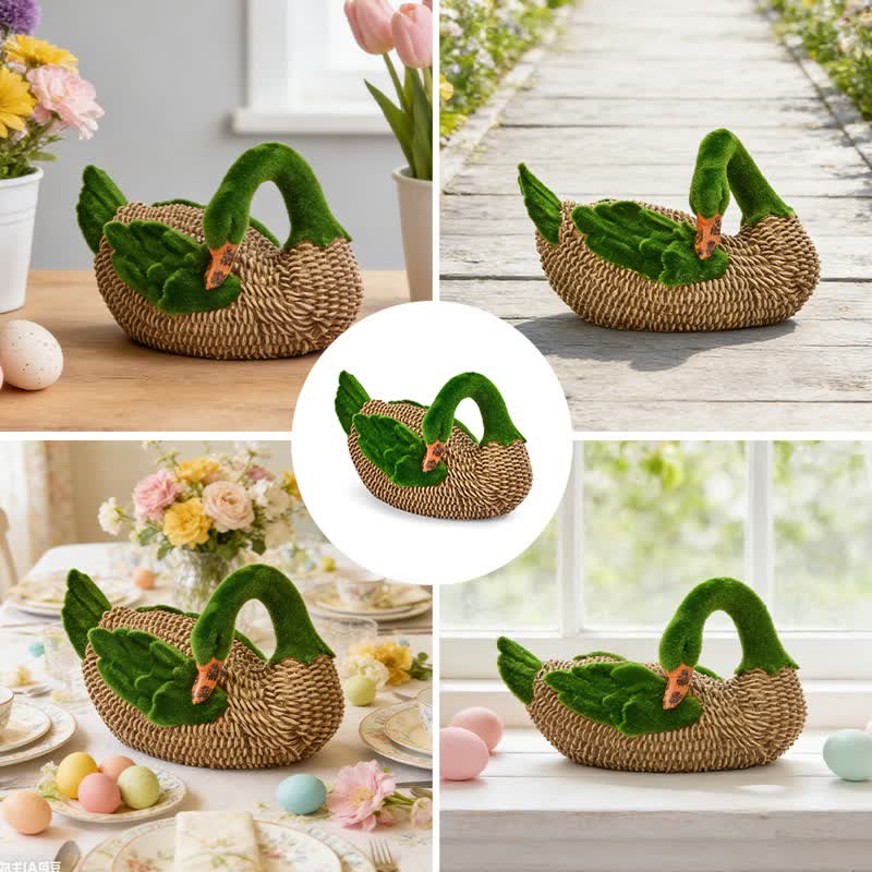 Faux Rattan Flocked Duck Garden Figurine