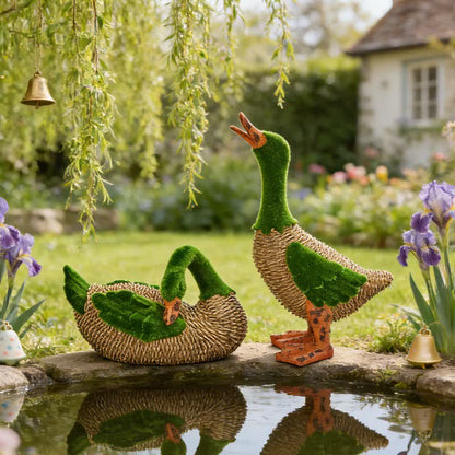 Faux Rattan Flocked Duck Garden Figurine