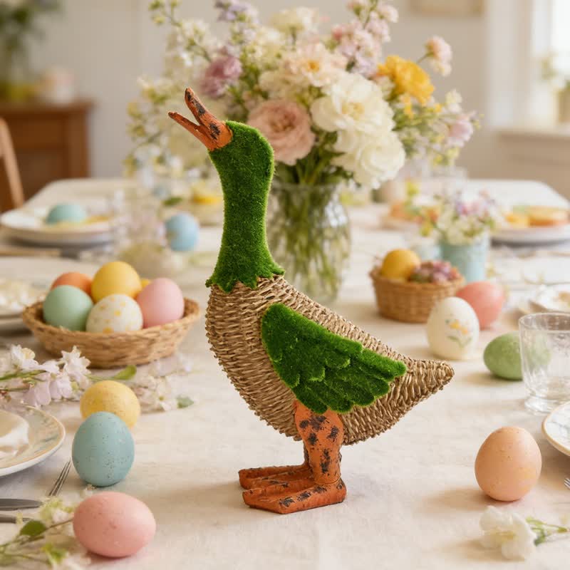 Faux Rattan Flocked Duck Garden Figurine