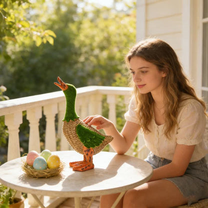 Faux Rattan Flocked Duck Garden Figurine