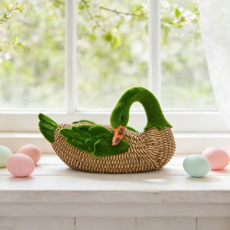 Faux Rattan Flocked Duck Garden Figurine