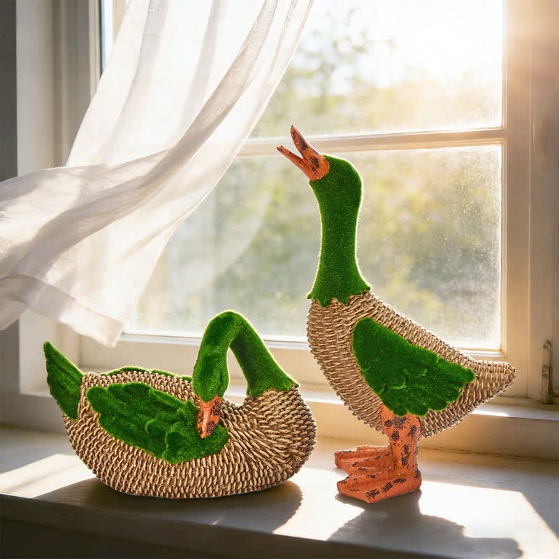 Faux Rattan Flocked Duck Garden Figurine