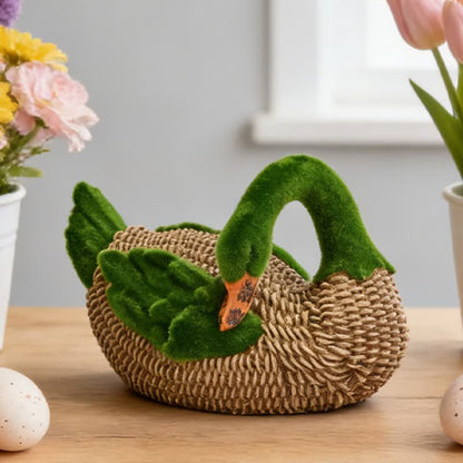 Faux Rattan Flocked Duck Garden Figurine