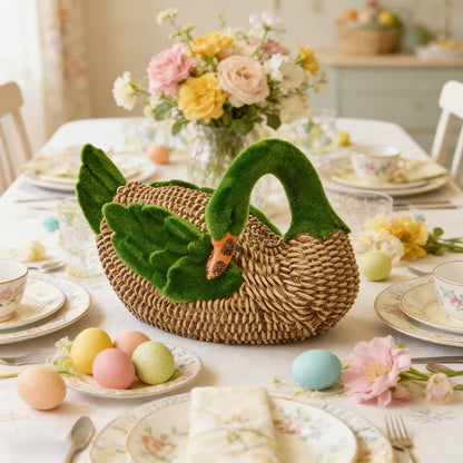 Faux Rattan Flocked Duck Garden Figurine