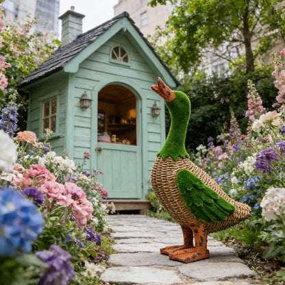 Faux Rattan Flocked Duck Garden Figurine