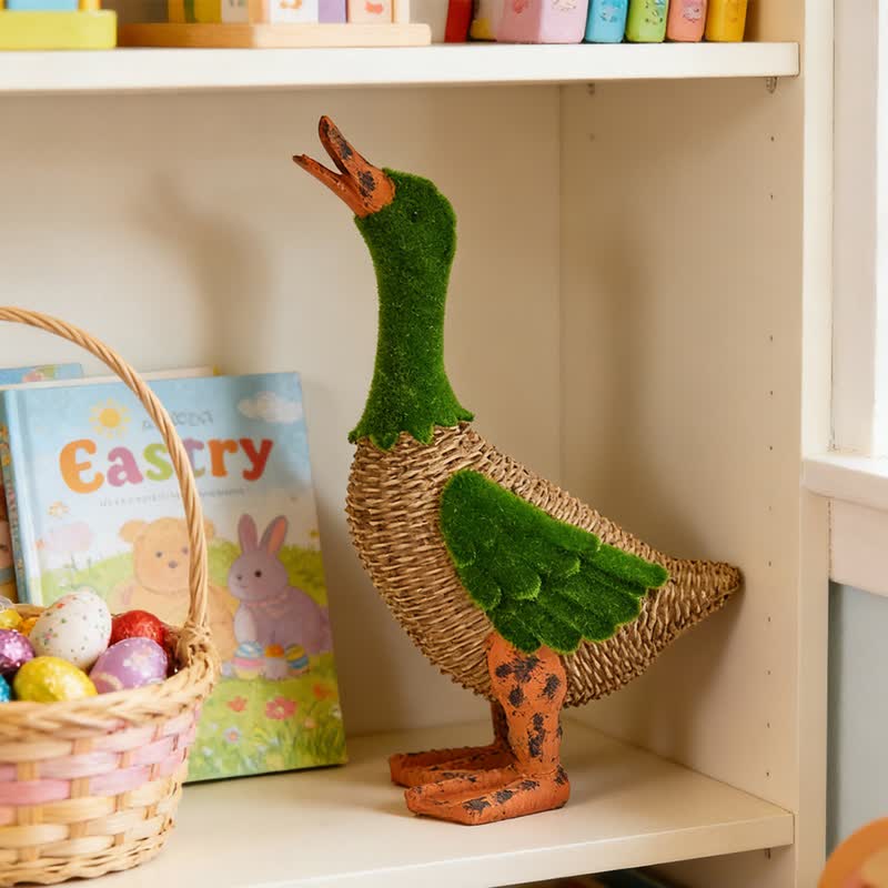 Faux Rattan Flocked Duck Garden Figurine