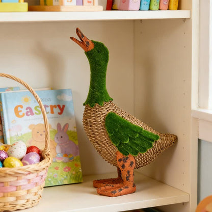 Faux Rattan Flocked Duck Garden Figurine