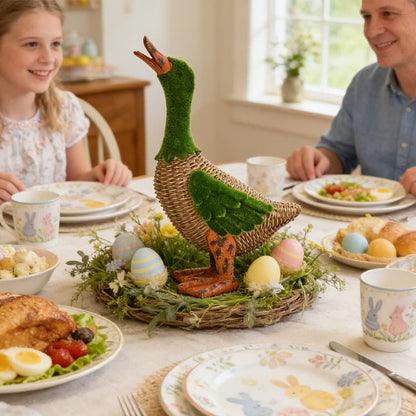 Faux Rattan Flocked Duck Garden Figurine