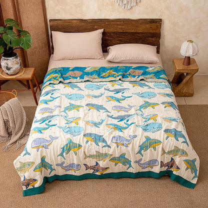 Ocean Whale Dolphin Cotton Quilt Blanket