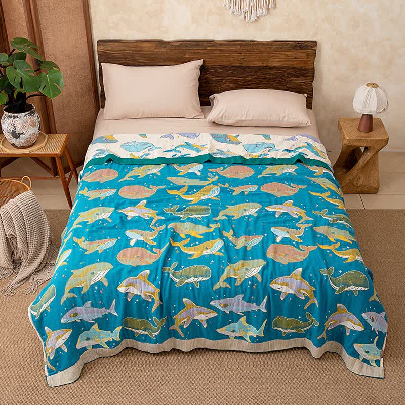 Ocean Whale Dolphin Cotton Quilt Blanket