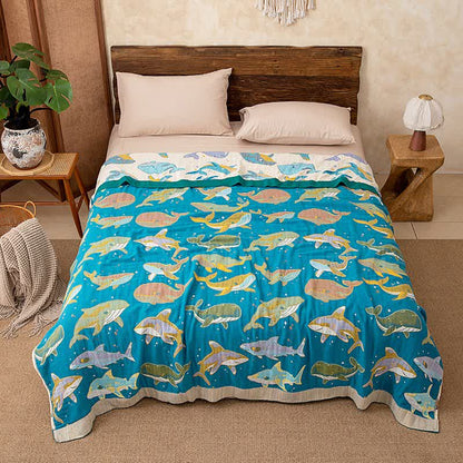 Ocean Whale Dolphin Cotton Quilt Blanket