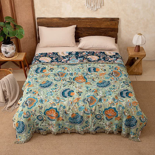 Boho Floral Tassel Cotton Quilt Blanket