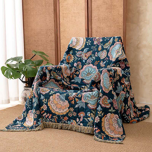 Boho Floral Tassel Cotton Blanket