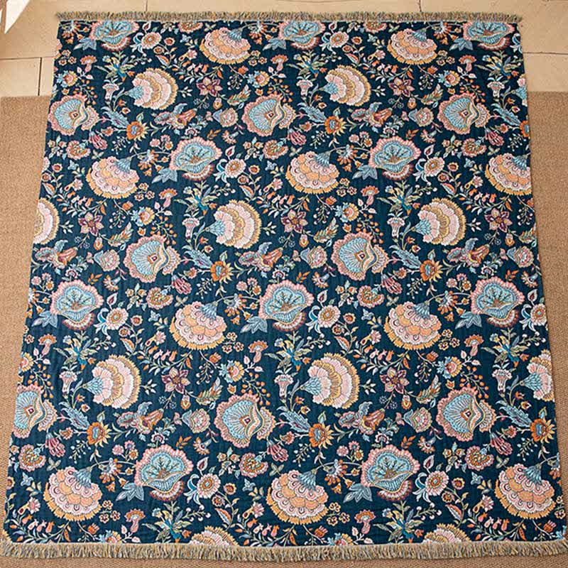 Boho Floral Tassel Cotton Quilt Blanket