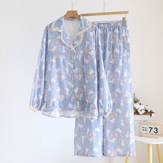 Bunny & Bow Cotton Gauze Pajama Set Autumn Blue Bow Bunny Cotton Cotton Gauze Gauze L Long Sleeve Loungewear M newin260303 Nightie Pajama Rabbit Set Sleepwear Spring Summer women XL