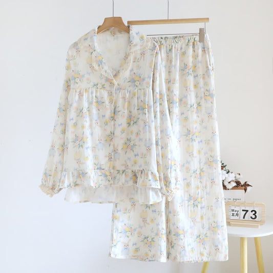Bunny & Floral Cotton Gauze Pajama Set Autumn Blue Bow Bunny Cotton Cotton Gauze Gauze L Long Sleeve Loungewear M newin260303 Nightie Pajama Rabbit Set Sleepwear Spring Summer women XL
