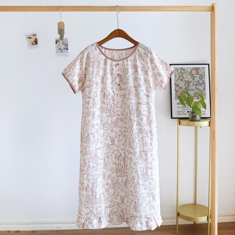 Rustic Mushroom & Bunny Cotton Nightgown