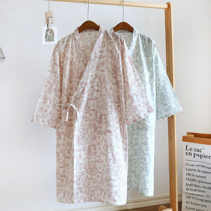 Mushroom & Bunny Cotton Gauze Kimono Robe