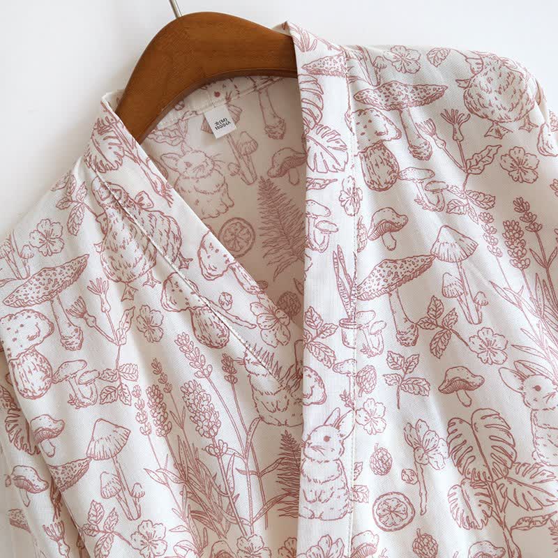 Mushroom & Bunny Cotton Gauze Kimono Robe
