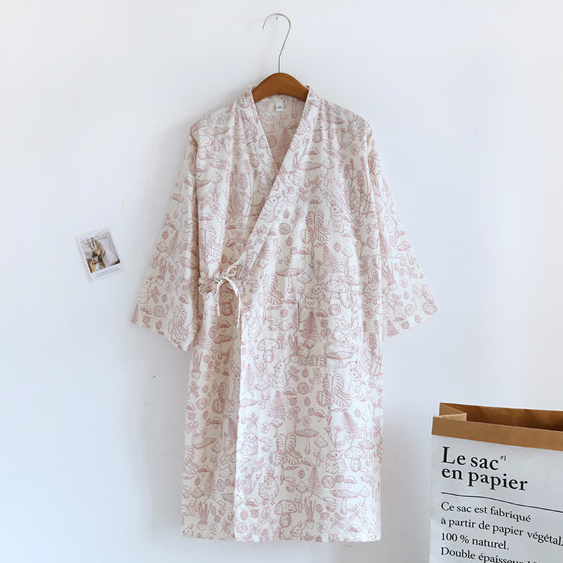 Mushroom & Bunny Cotton Gauze Kimono Robe