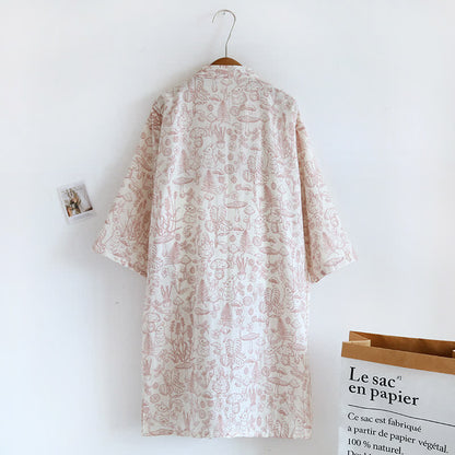 Mushroom & Bunny Cotton Gauze Kimono Robe