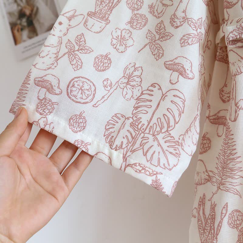 Mushroom & Bunny Cotton Gauze Kimono Robe