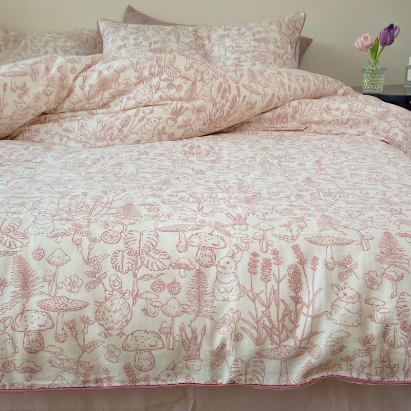 Mushroom & Bunny Cotton Gauze Bedding Set(4PCS)