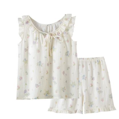 Cartoon Bunny & Floral Cotton Gauze Pajamas