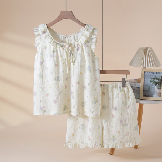 Cartoon Bunny & Floral Cotton Gauze Pajamas