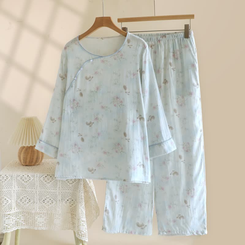 Elegant Bunny & Floral Cotton Gauze Pajama Set
