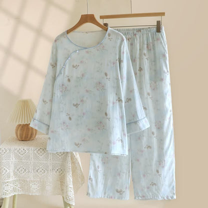 Elegant Bunny & Floral Cotton Gauze Pajama Set