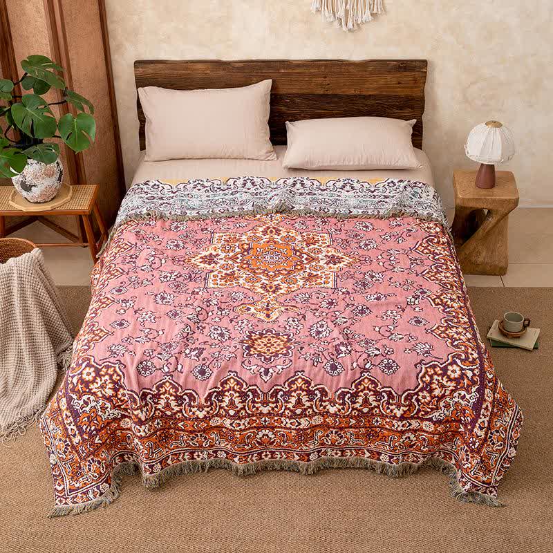 Vintage Floral Cotton Tassel Blanket