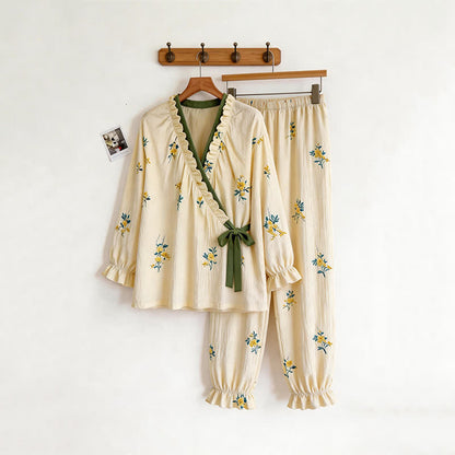 Ruffled Neck Botanical Floral Pajama Set