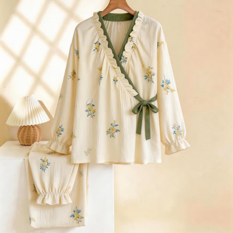 Ruffled Neck Botanical Floral Pajama Set