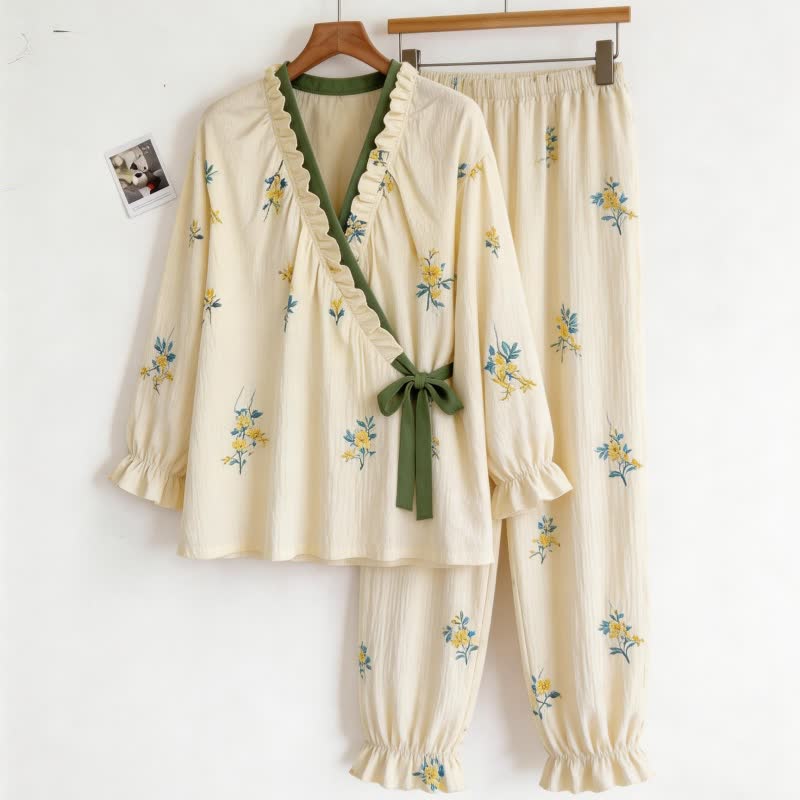 Ruffled Neck Botanical Floral Pajama Set