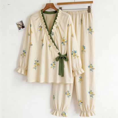 Ruffled Neck Botanical Floral Pajama Set