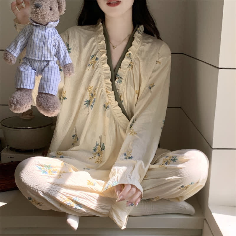 Ruffled Neck Botanical Floral Pajama Set