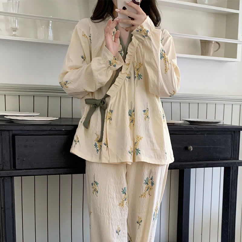 Ruffled Neck Botanical Floral Pajama Set