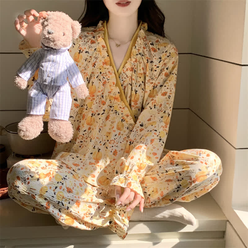 Ruffled Neck Yellow Floral Pajama Set