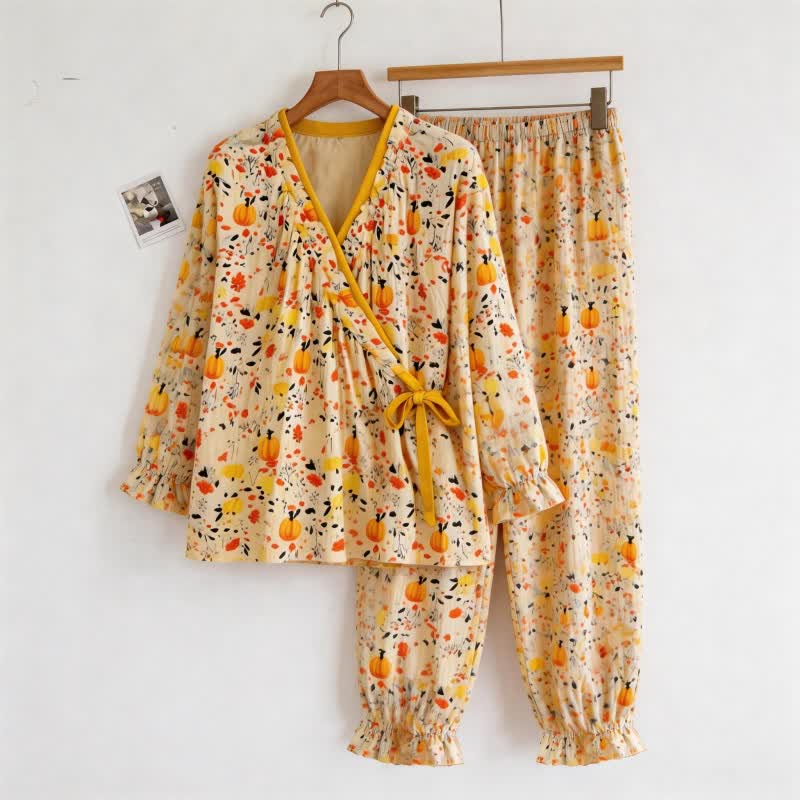 Ruffled Neck Yellow Floral Pajama Set